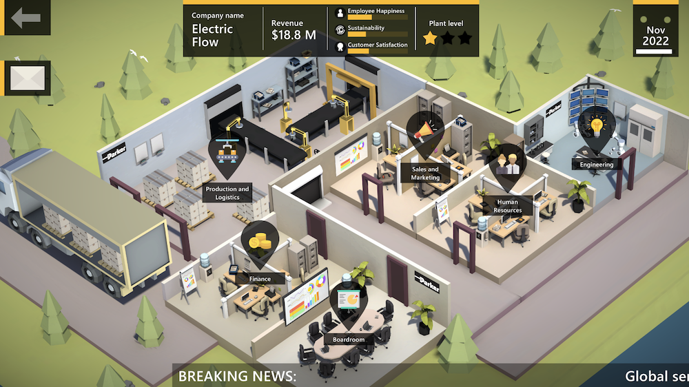 The company view, where players manage their company and its departments.